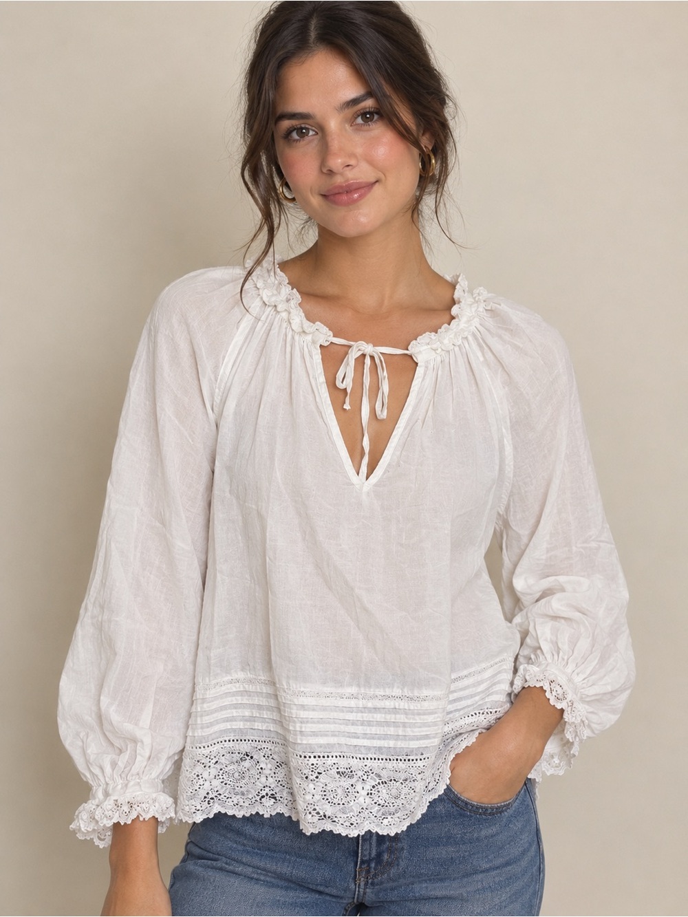 Zadig & Voltaire White Boho Lace-Trim Peasant Blouse